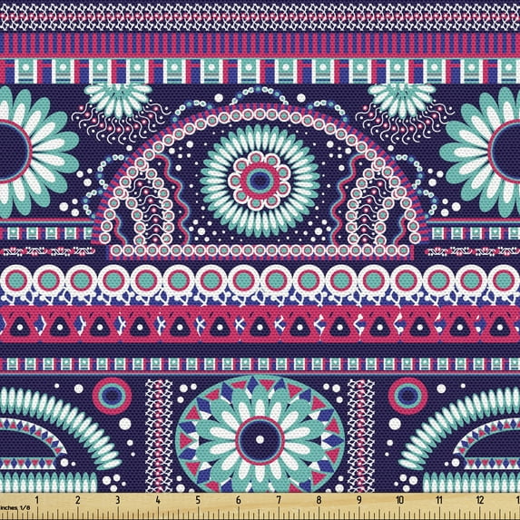 Ambesonne Ikat Fabric by the Yard Upholstery, Ethnic Tribal Floral Art, 3 Yards, Marigold Turquoise and Indigo