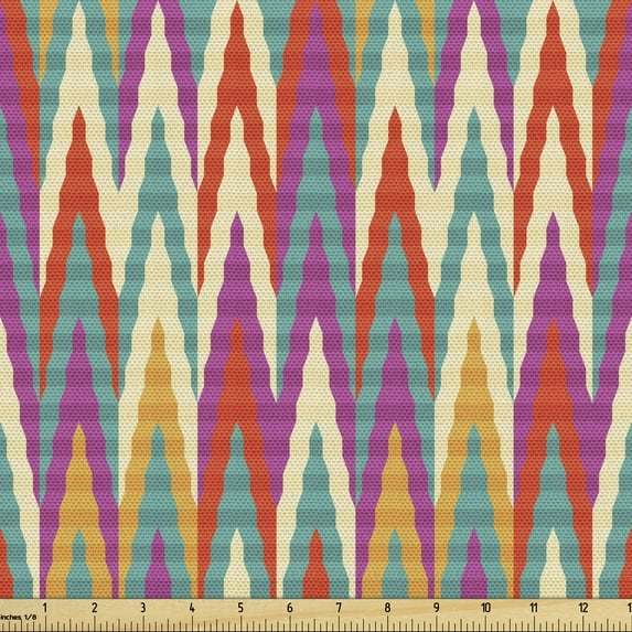 Ambesonne Ikat Fabric by the Yard Upholstery, Funky Colored Zigzgas Pattern, 3 Yards, Multicolor
