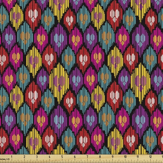 Ambesonne Ikat Fabric by the Yard Upholstery, Kazakhstan Motifs, 1 Yard, Multicolor