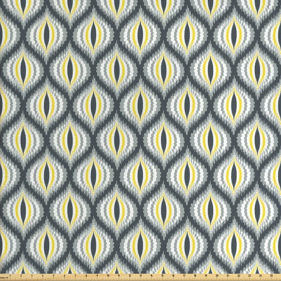 Ambesonne Ikat Fabric by the Yard Upholstery, Ogee Shapes Vintage Pale, 5 Yards, Grey Yellow White