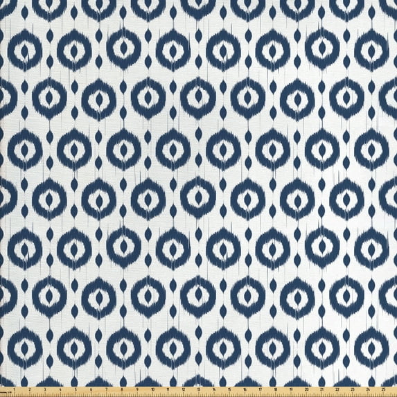 Ambesonne Ikat Fabric by the Yard Upholstery, Traditional Circles Dots, 10 Yards, Night Blue White