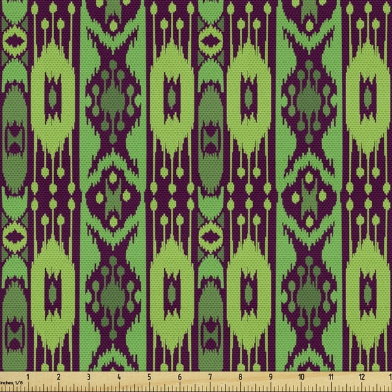 Ambesonne Ikat Fabric by the Yard Upholstery, Traditional Folkloric Ornament, 1 Yard, Green Brown Apple Green