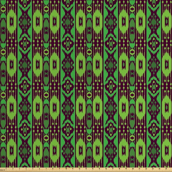 Ambesonne Ikat Fabric by the Yard Upholstery, Traditional Folkloric Ornament, 3 Yards, Green Brown Apple Green