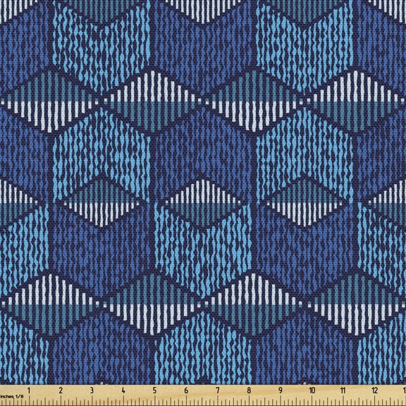 Ambesonne Ikat Fabric by the Yard Upholstery, Vintage Mexican Chevron Lines, 1 Yard, Dark Blue and Pale Blue