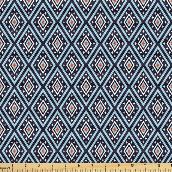 Ambesonne Ikat Fabric by the Yard Upholstery, Vintage Tetragonal Shape Print, 5 Yards, Dark Brown and Pale Sky Blue