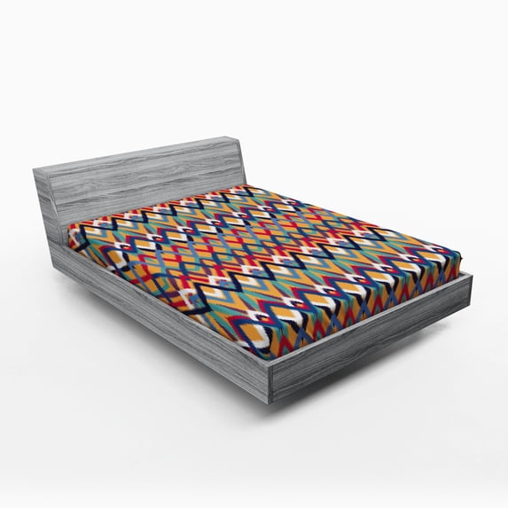 Ambesonne Ikat Fitted Sheet, Ceremonial Native Art, Queen Size, Red Blue Orange