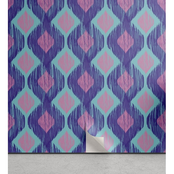 Ambesonne Ikat Peel & Stick Wallpaper for Home, Tribal Abstract Ogee Shapes, 13"x72", Purple Sky Blue and Pink