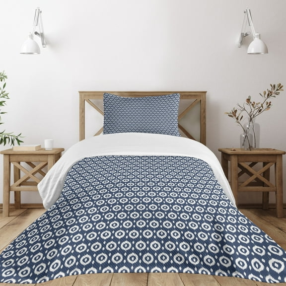 Ambesonne Ikat Quilted Bedspread Set 2 Pcs, Circles Dots, Twin Size, Dark Blue White