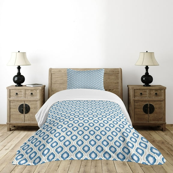 Ambesonne Ikat Quilted Bedspread Set 2 Pcs, Japanese Kimono Motifs, Twin Size, Blue Eggshell White