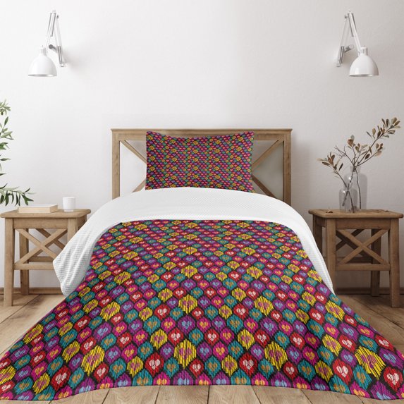 Ambesonne Ikat Quilted Bedspread Set 2 Pcs, Kazakhstan Motifs, Twin Size, Multicolor
