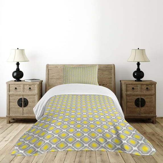 Ambesonne Ikat Quilted Bedspread Set 2 Pcs, Vintage Abstract Rhombus, Twin Size, Grey Yellow White