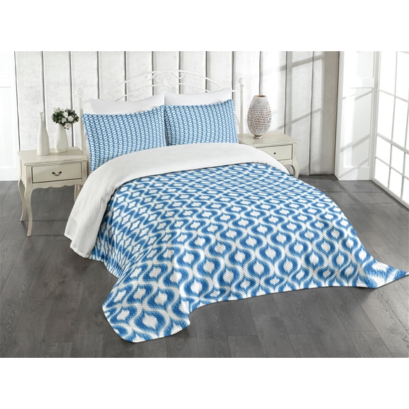 Ambesonne Ikat Quilted Bedspread Set 3 Pcs, Abstract Vintage Ogee, King Size, Blue White