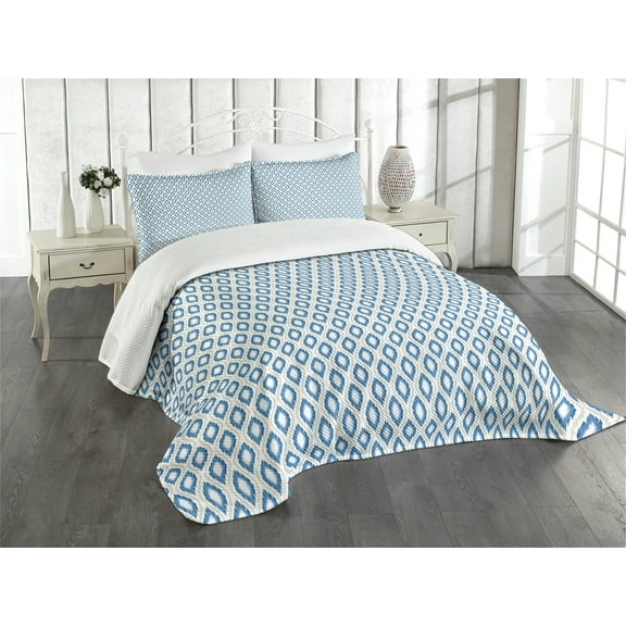 Ambesonne Ikat Quilted Bedspread Set 3 Pcs, Aquatic Geometric Ovals, King Size, Blue Beige White