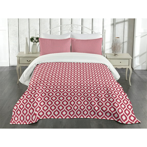 Ambesonne Ikat Quilted Bedspread Set 3 Pcs, Curved Lines Traditional, Queen Size, Maroon White