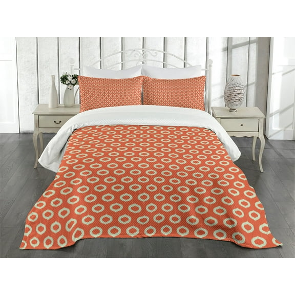 Ambesonne Ikat Quilted Bedspread Set 3 Pcs, Grunge Oval Shapes Vintage, Queen Size, Orange Pale Yellow