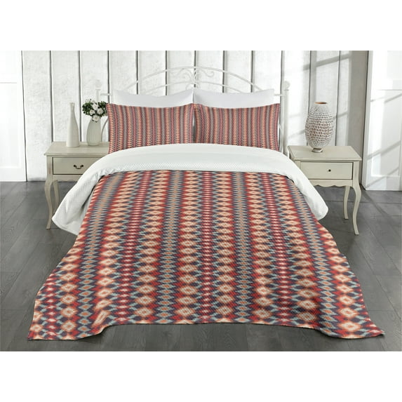 Ambesonne Ikat Quilted Bedspread Set 3 Pcs, Indigenous Pattern, Queen Size, Vermilion Orange Seafoam