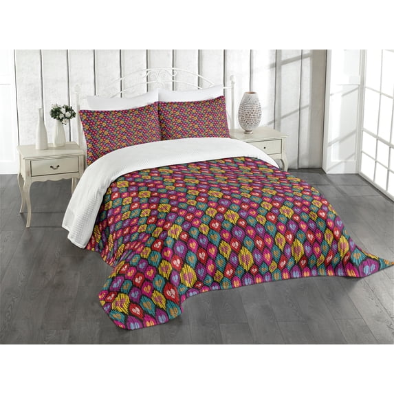 Ambesonne Ikat Quilted Bedspread Set 3 Pcs, Kazakhstan Motifs, King Size, Multicolor