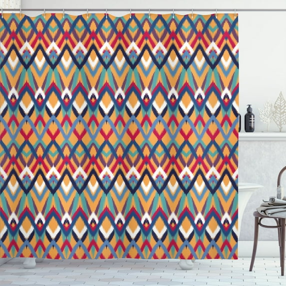 Ambesonne Ikat Shower Curtain, Ceremonial Native Art, 69"Wx75"L, Red Blue Orange