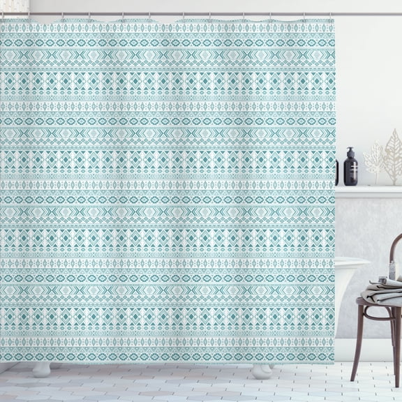Ambesonne Ikat Shower Curtain, Folklore Inspired Geometric, 69"Wx75"L, Cadet Blue Seafoam and White