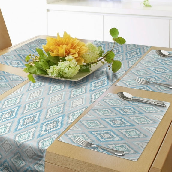 Ambesonne Ikat Table Runner & Placemats, Aztec Cultural Motifs, Placemat 4 pcs + Runner 16"x90", Blue Pale Grey White