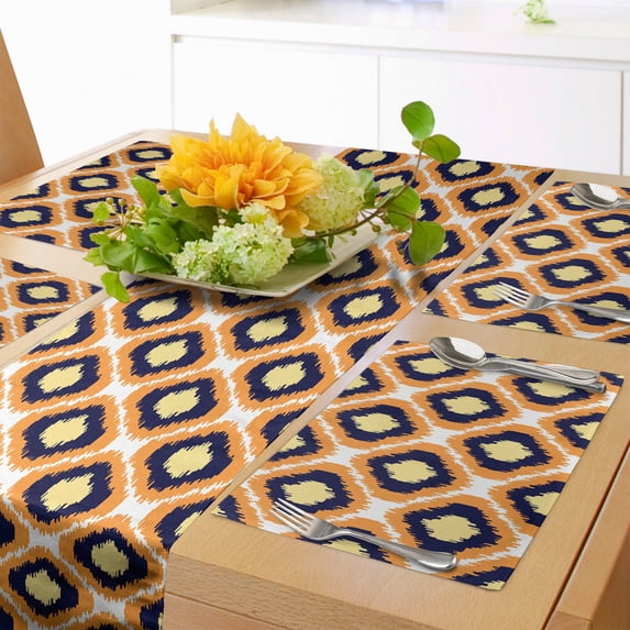 Ambesonne Ikat Table Runner & Placemats, Geometric Indonesian Vivid, Placemat 4 pcs + Runner 14"x90", Orange Yellow Indigo