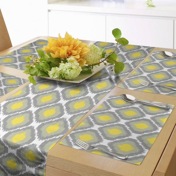 Ambesonne Ikat Table Runner & Placemats, Vintage Abstract Rhombus, Placemat 4 pcs + Runner 16"x72", Grey Yellow White