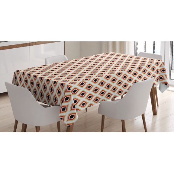 Ambesonne Ikat Tablecloth Rectangular Table Cover, Peacock Tail Oval Pattern, 60"x84", Cream Vermilion Black