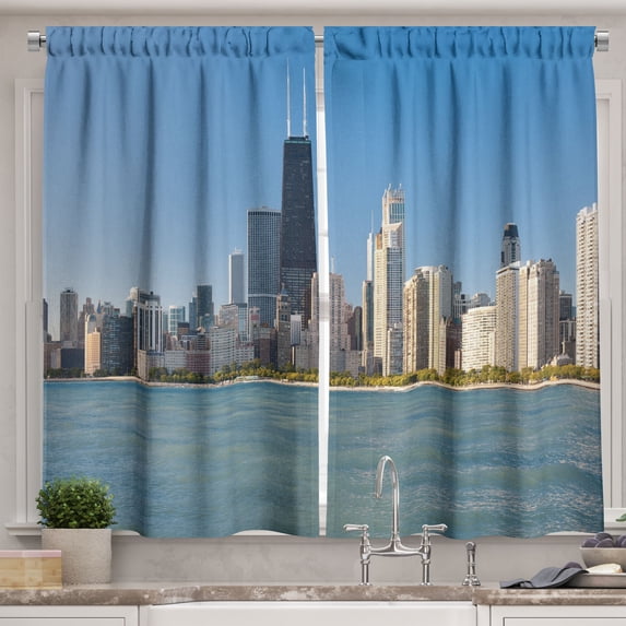 Ambesonne Illinois Kitchen Curtains, Panorama of Skyscrapers, 55"x39", Slate Blue