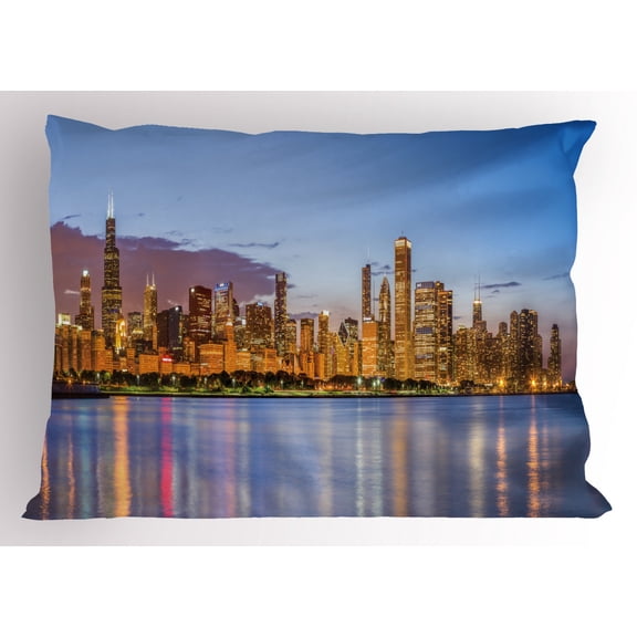 Ambesonne Illinois Pillow Sham, Night Panorama Skyline, 26" X 20", Ceil Blue Apricot