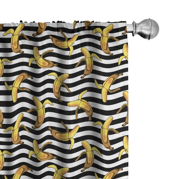 Ambesonne Indie 4-Panel Curtains, Stripes Tropical Bananas, 56"x63", Black White Yellow
