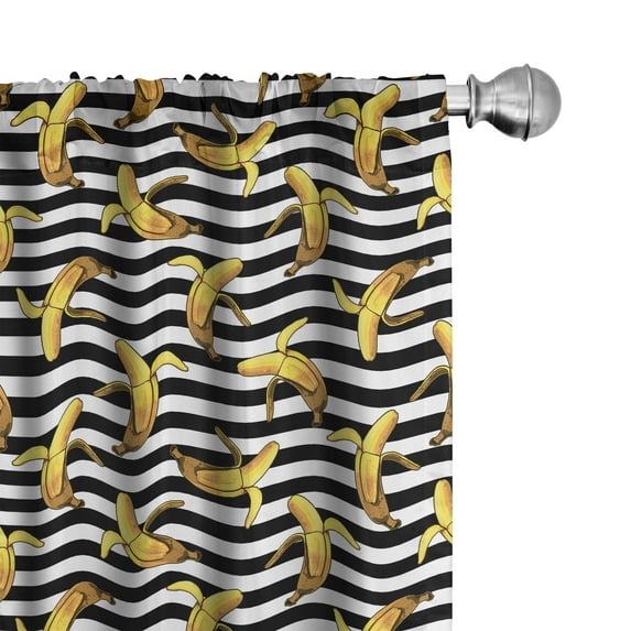 Ambesonne Indie Window Curtains, Stripes Tropical Bananas, Each 28" W x 84" L, Black White Yellow