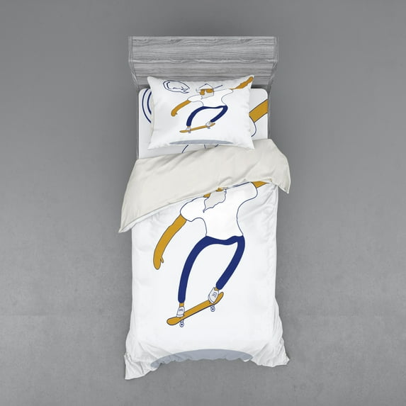 Ambesonne Indie Bedding Set 3 Pcs, Cool Hipster Skater Urban, Twin XL, Pale Coffee Blue White