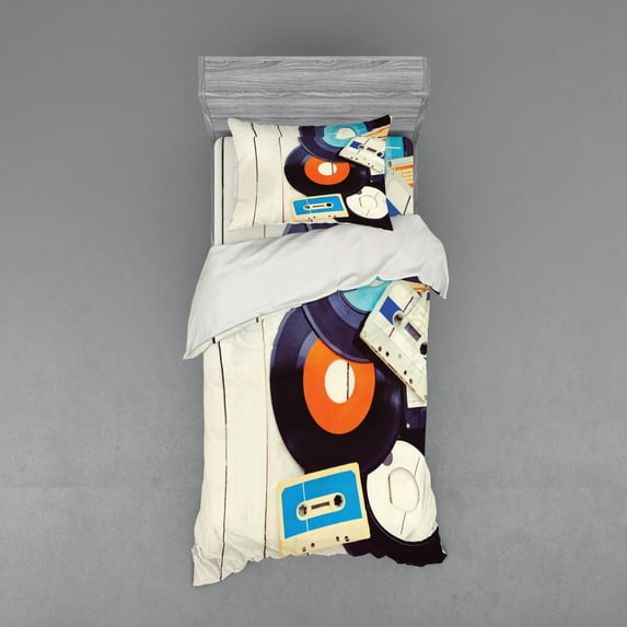 Ambesonne Indie Bedding Set 3 Pcs, Gramophone Records Audio, Twin XL, Blue Orange Black