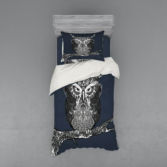 Ambesonne Indie Bedding Set 3 Pcs, Owl Vintage Ornaments, Twin, Charcoal Grey Dark Blue