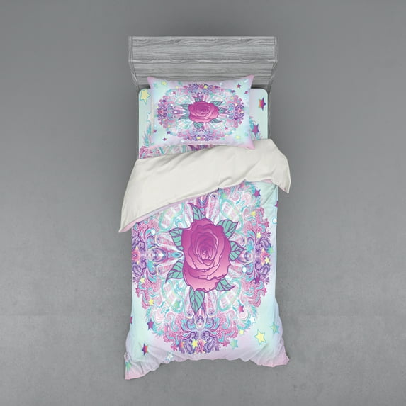 Ambesonne Indie Bedding Set 3 Pcs, Psychedelic Rose Mandala, Twin, Pale Blue Lavender