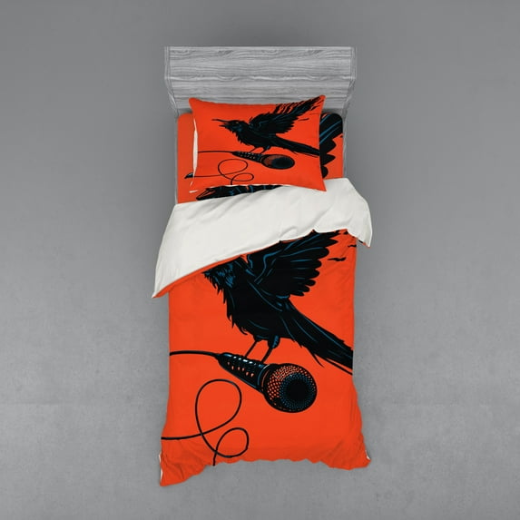 Ambesonne Indie Bedding Set 3 Pcs, Raven with Microphone, Twin XL, Orange Black Blue
