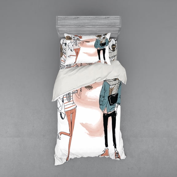 Ambesonne Indie Bedding Set 3 Pcs, Urban Cat Dog Characters, Twin, Slate Blue Pale Pink