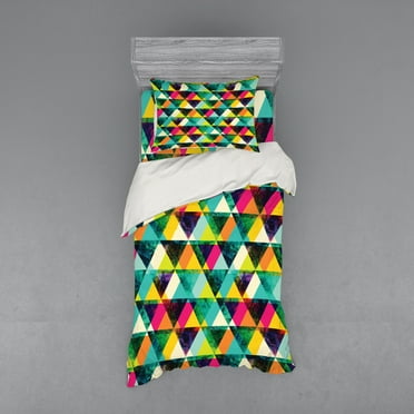 Ambesonne Indie Bedding Set 3 Pcs, Vibrant Triangles Grunge, Twin XL, Multicolor