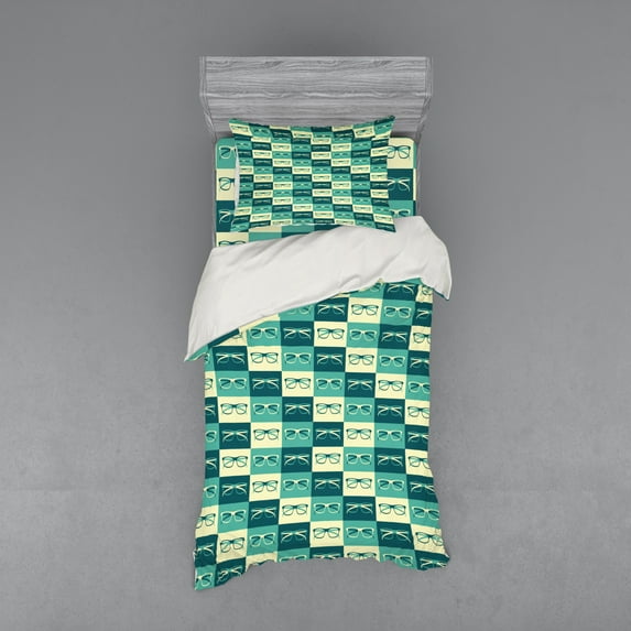 Ambesonne Indie Bedding Set 3 Pcs, Vintage Eyeglasses Cool, Twin XL, Petrol Blue Turquoise