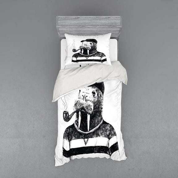 Ambesonne Indie Bedding Set 3 Pcs, Walrus with Sketch Art, Twin, White Black