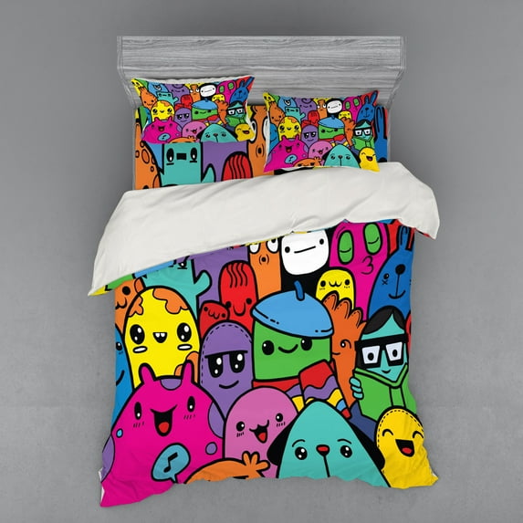 Ambesonne Indie Bedding Set 4 Pcs, Colorful Doodle Monsters, Queen, Multicolor