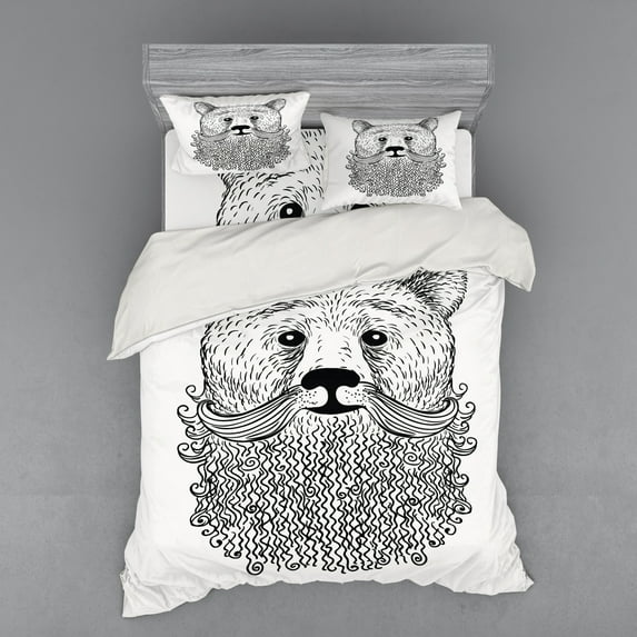 Ambesonne Indie Bedding Set 4 Pcs, Doodle Bear with Beard, Queen, Black White