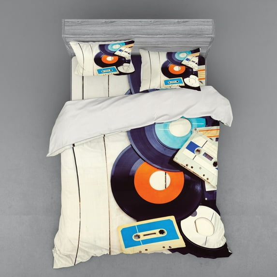 Ambesonne Indie Bedding Set 4 Pcs, Gramophone Records Audio, Queen, Blue Orange Black