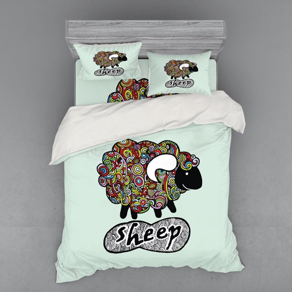 Ambesonne Indie Bedding Set 4 Pcs, Hipster Doodle Fun Sheep, Queen, Multicolor