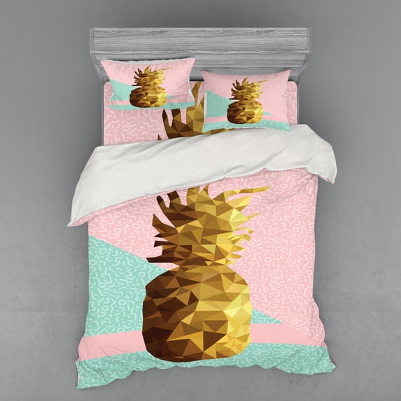 Ambesonne Indie Bedding Set 4 Pcs, Poly Pineapple Summer, Queen, Mint Green Pale Brown