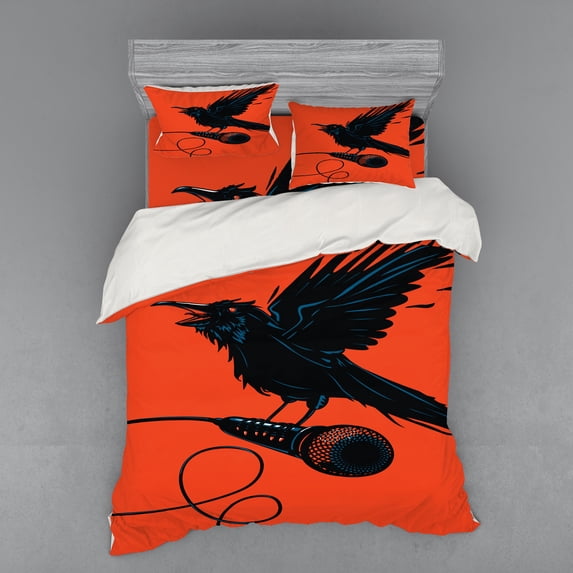 Ambesonne Indie Bedding Set 4 Pcs, Raven with Microphone, Queen, Orange Black Blue