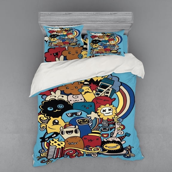 Ambesonne Indie Bedding Set 4 Pcs, Various Monsters Universe, Queen, Multicolor