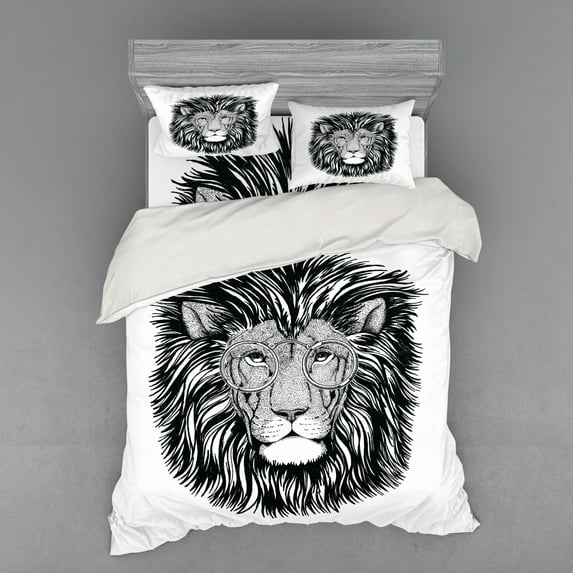 Ambesonne Indie Bedding Set 4 Pcs, Wild Hipster Lion Glasses, Queen, Black and White