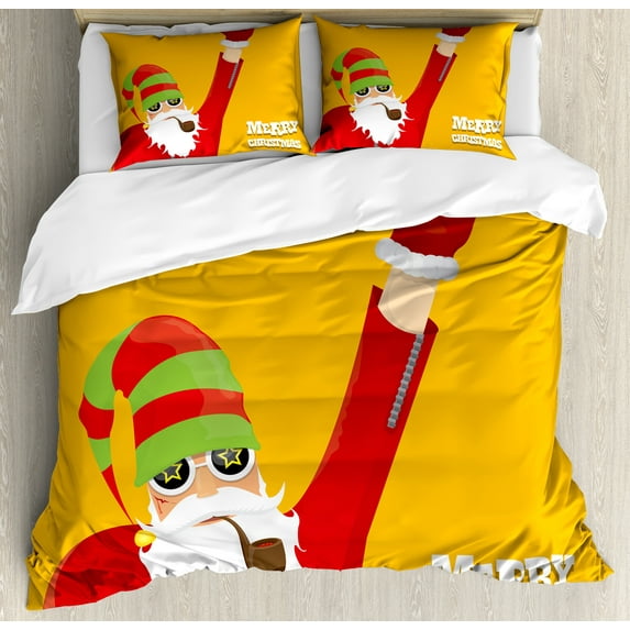 Ambesonne Indie Duvet Cover Set, Biker Santa Smoking Art, 2-Calking, Lime Green Marigold