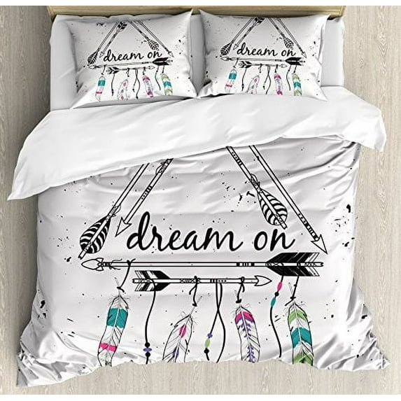 Ambesonne Indie Duvet Cover Set, Boho Style Arrows Triangle Shape Dream Hand Writing Feathers, Decorative 3 Piece Bedding Set with 2 Pillow Shams, Queen Size, Teal Black
